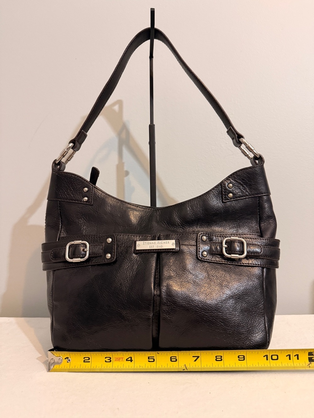 Etienne Aigner Black Leather Hobo Shoulder Bag Buckle Accents Y2K - Picture 16 of 16